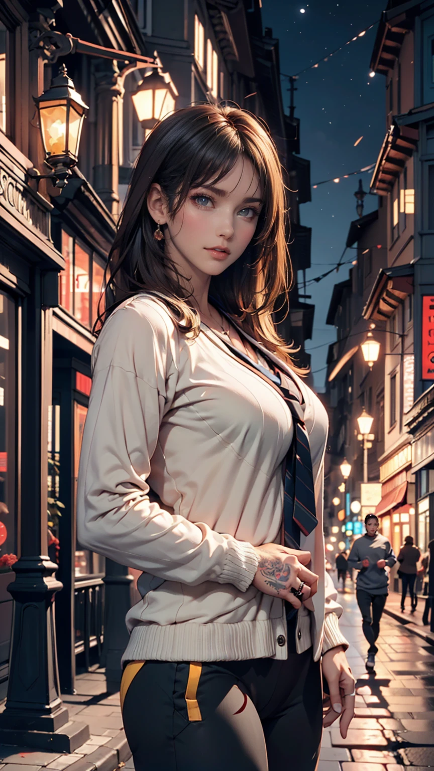 Highest quality, masterpiece, Cinema Lighting, Complex, cinematic detailed Realistic background, Detailed face, whole body, Small breasts, Realistic, Clear lines, , , One person jogging, Cityscape, night, tie shirt, View your viewers, tattoo, Model pose, Open cardigan, Ring-shaped yellow eyes, Street lights, lamp post, Yoga pants, Split Color Hair,