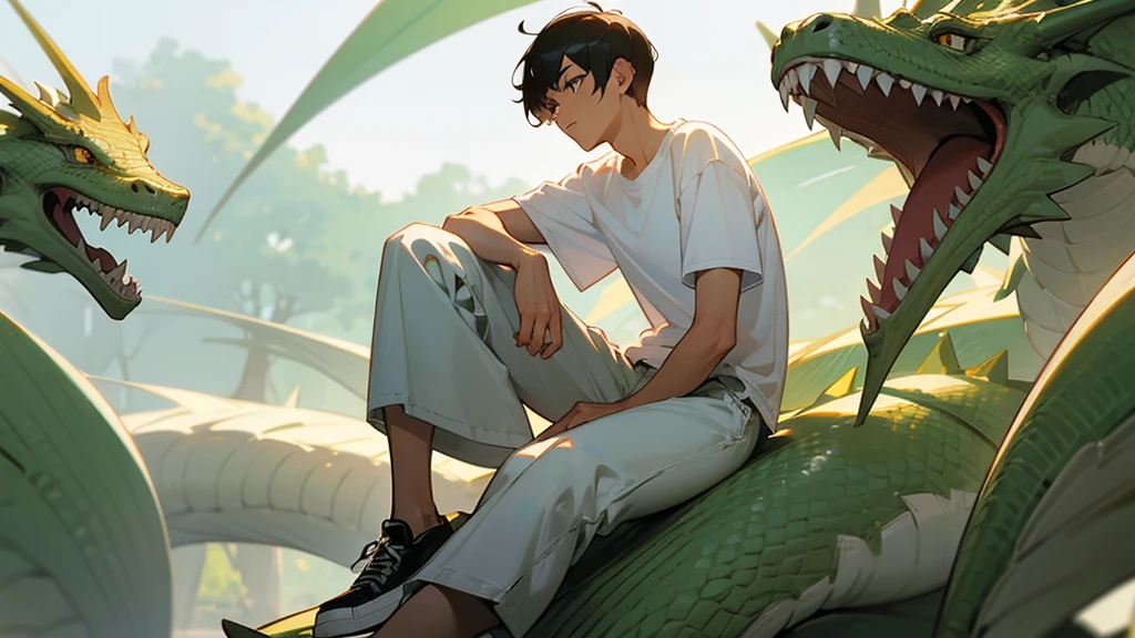 a man, short hair, wearing white t-shirt, wearing pants, wearing shoes, sitting next to a dragon, high details