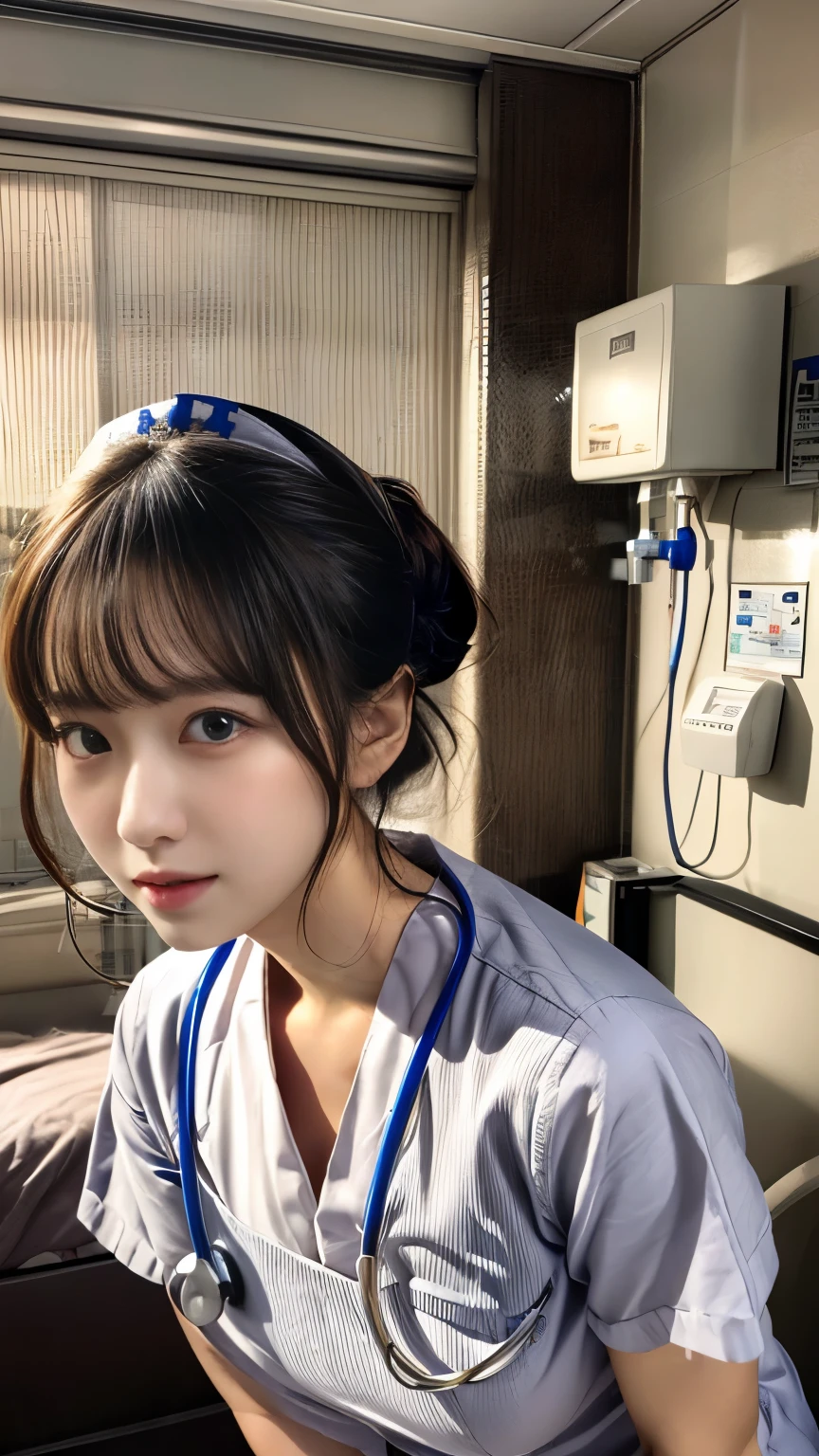 masterpiece, best quality, Super detailed, fine details, High resolution, 8K,wall paper, perfect dynamic composition,(Details High quality, realistic depiction of eyes:1.3), black hair color, Big Natural Color Lip,20 year old girl、cute type、lolita、(korean Nurse:1.4)、(hospitals:1.2)、nighttime scene、Hospital Room、a bed、is standing, (white nurse uniform:1.3)