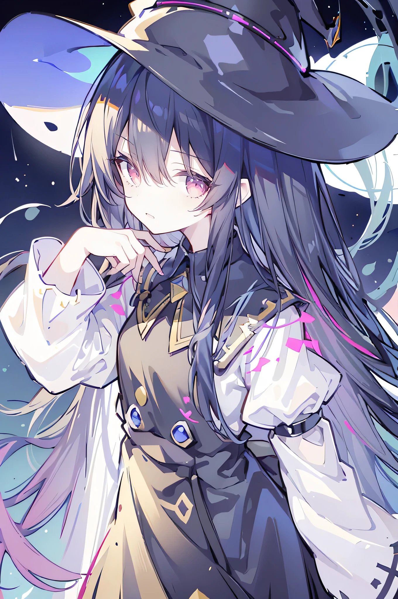 oung Girls,Humanity,A magician always smiles,big witch hat,cute,dark blue long hair,The eyes are dull,The bangs are heavy,Thin eyebrows,fantasy,intake,Double teeth,Star Theme,Constellation pattern,Solid color clothetal decoration,cloak,A bit of a dark atmosphere,A little crazy smile,When the big moon shines outside at night,blood,Hair black star embellishment,Short tie,No nails,High waist skirt,Bell sleeves,Long-sleeved shirt,Black tie,low risk,gentlemen。Mist、Yellow and white effect，Shocking pink as an accent color