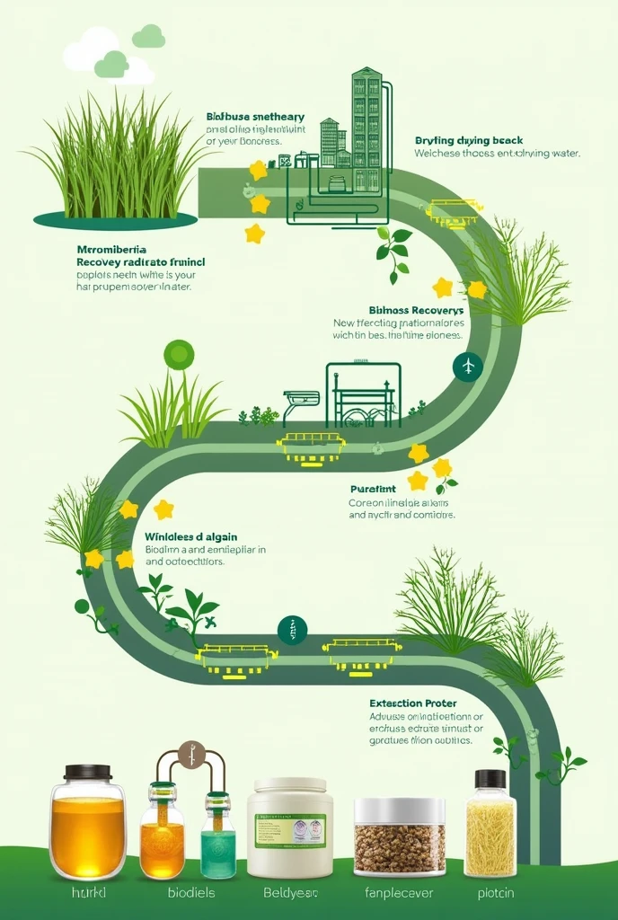 Create a flow sheet diagram representing the biorefinery approach in spirulina by including the following 4 steps:
Microalgae
Biomass recovery and drying 
Extraction process 
Valuable products like biodiesel,protein supplements 