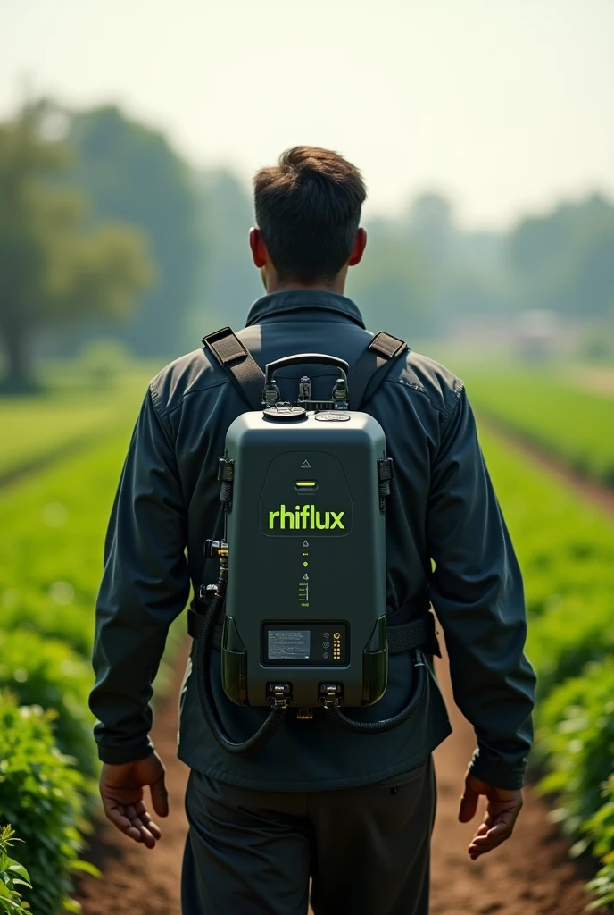 Electric spray pump, powered by the rhiflux electro cube, on the back of a black famer, with the name Rhiflux on the pump,with smart technology