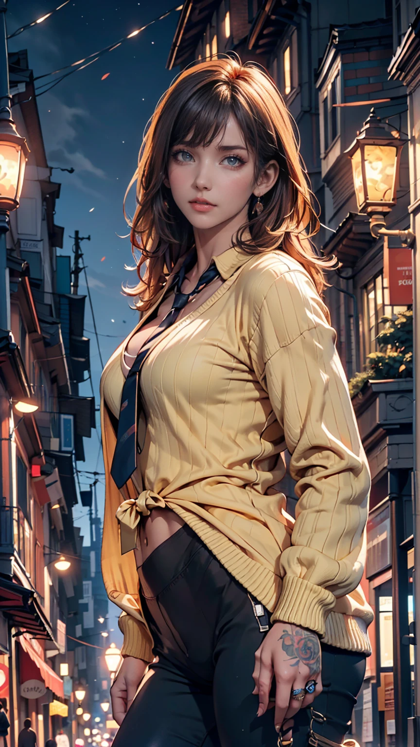 Highest quality, masterpiece, Cinema Lighting, Complex, cinematic detailed Realistic background, Detailed face, whole body, Small breasts, Realistic, Clear lines, , , One person jogging, Cityscape, night, tie shirt, View your viewers, tattoo, Model pose, Open cardigan, Ring-shaped yellow eyes, Street lights, lamp post, Yoga pants, Split Color Hair,