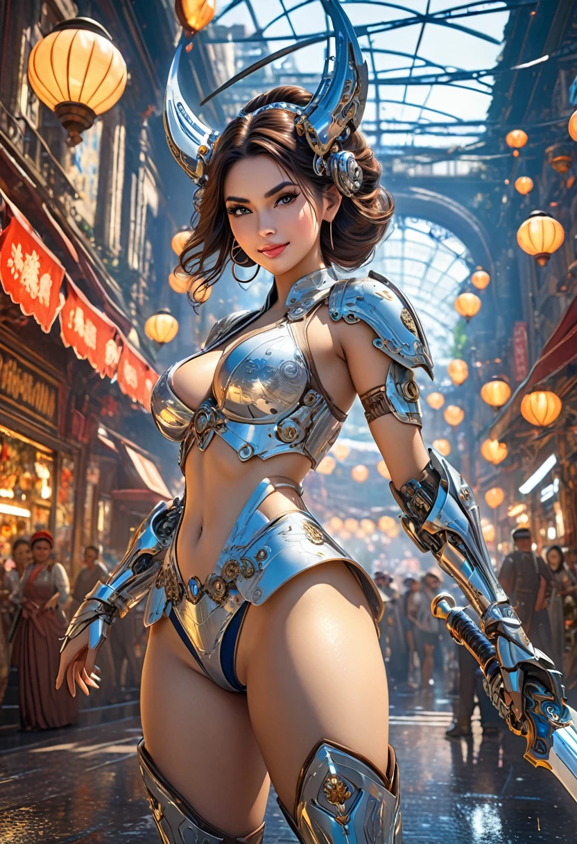 ((40k)),((Ultra Realistic))((Photo Realistic)),((HDR)),((Intricately Detailed Portrait)), ((High Quality)) ((Unreal Engine 5))((Natural Lighting))((Golden  Ratio))

(( INDIAN WOMAN)). . Slender hourglass Body. Massive Boobs and Breast. Deep cleavage. Orgasmic Face. Sharp Jawline. Enchanting Eyes. Supple Lips . Makeup. Perfectly Toned Body, Brunette. Sophisticated Hairstyles. Wet Body. Gracious Looks . Cute Smile. 

Silver and sapphire Empress Decorated Cybernatic Slit Biomechanical Mini Outfit. Sci-Fi.  Gorgeous War Goddess Aura. . Mechanical Sword . Terminators. Elaborate Headgear

Nonchalantly Posing. Dynamic Views. Dynamic Angles. Dynamic poses. Glaring at Camera. Accentuated Curves. Arched Pose. Sophisticated Hairstyles. Bokeh. 

. . Orgasmic Face. Pleasurable Face. Ultra Wide Angle Lens 

Glowing energy by alphonse mucha 
Sophisticated Diablo Art 
Brightly Illuminated 
Beautiful Mechanical City Landscape