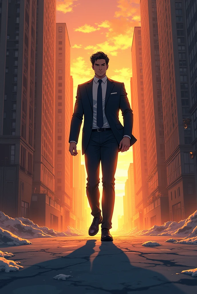 Anime-style man with a professional suit getting up from the concrete floor