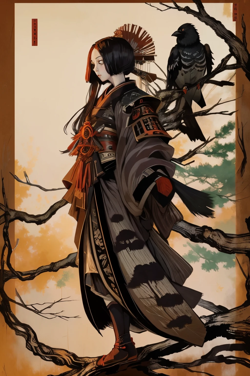 (Highest quality:1.2)。Nocturnal ghosts。One Woman。A crow disguised as a young and beautiful woman。Karasutengu。kimono。Samurai Armor。Carrying a samurai's sword on his back。Standing on the branch of a large cedar tree。Background is a bright cedar forest。