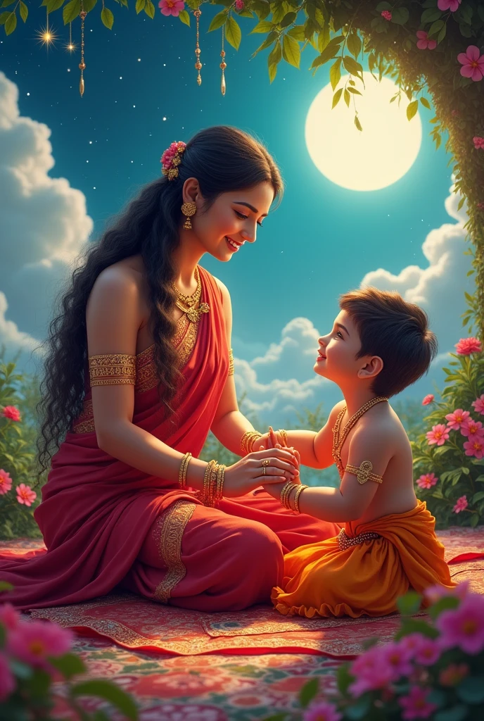 Lord Parvati is tying a rakhi on Ganesh.