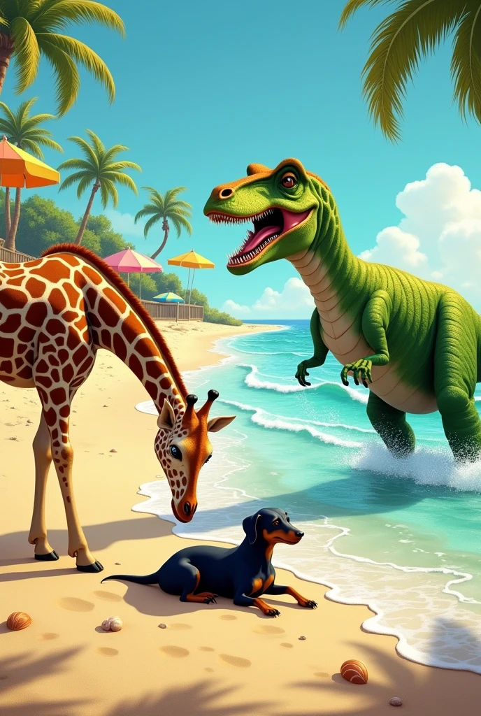 A giraffe with a tiranosaurus taking care of a black dachshund in a beach
