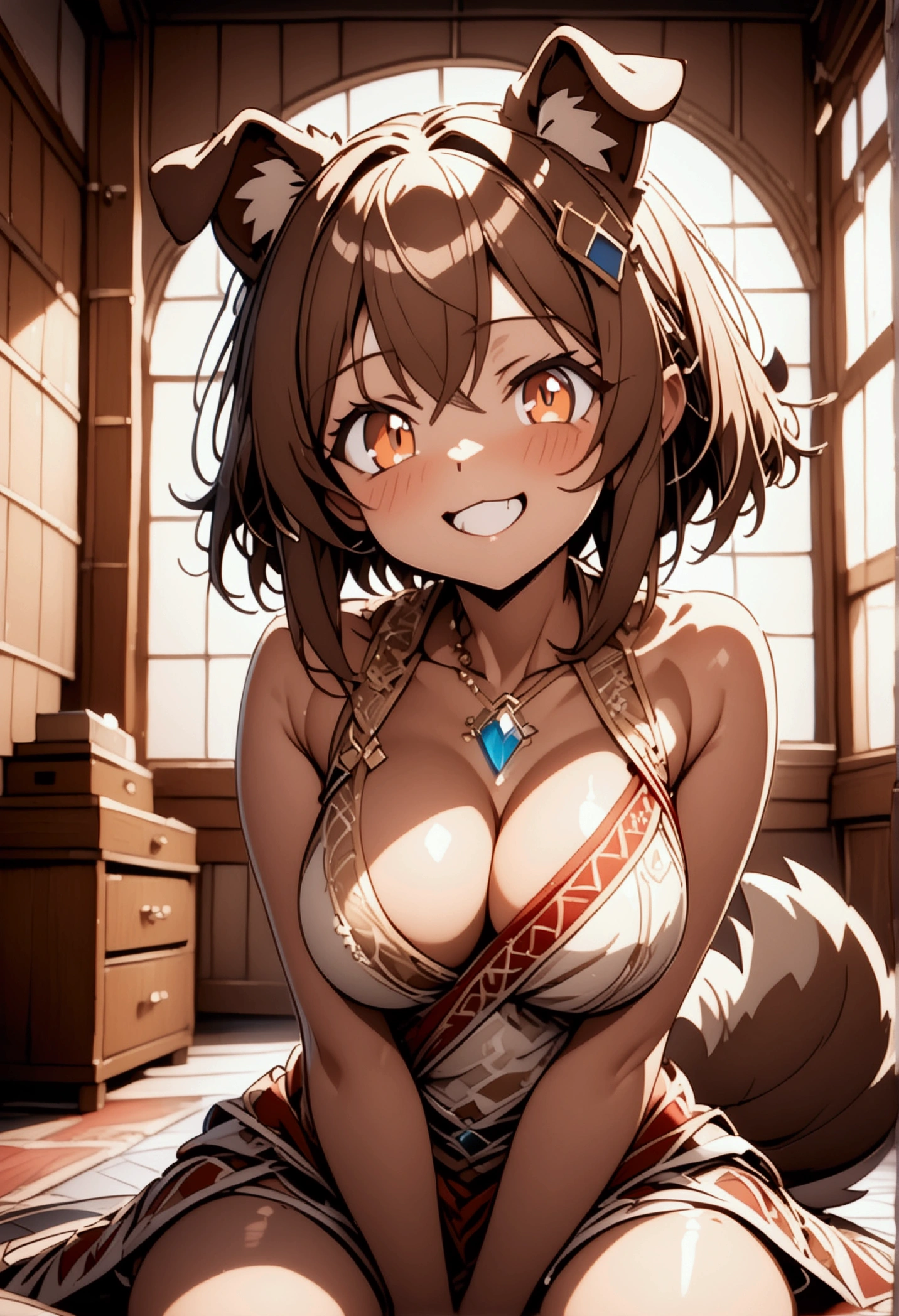 One dog, crystal eyes, Dog Ears, Dog's tail, Brown medium hair, Day焼け肌, cute, (Grin:0.9), (lips:0.7), Exposing shoulders, Big breasts, Completely naked, hair ornaments, Sally, bracelet, Leaning forward, Sitting, Indian Style, indoor, window, Day, Natural light, Sharp focus, Cowboy Shot, (Brown theme:1.1), (brown tone:1.1), Bright Red, figure, (Anime Coloring:1.1), break (masterpiece:1.2), (Highest quality:1.2), up to date, (Intricate details:1.2), AI-generated,