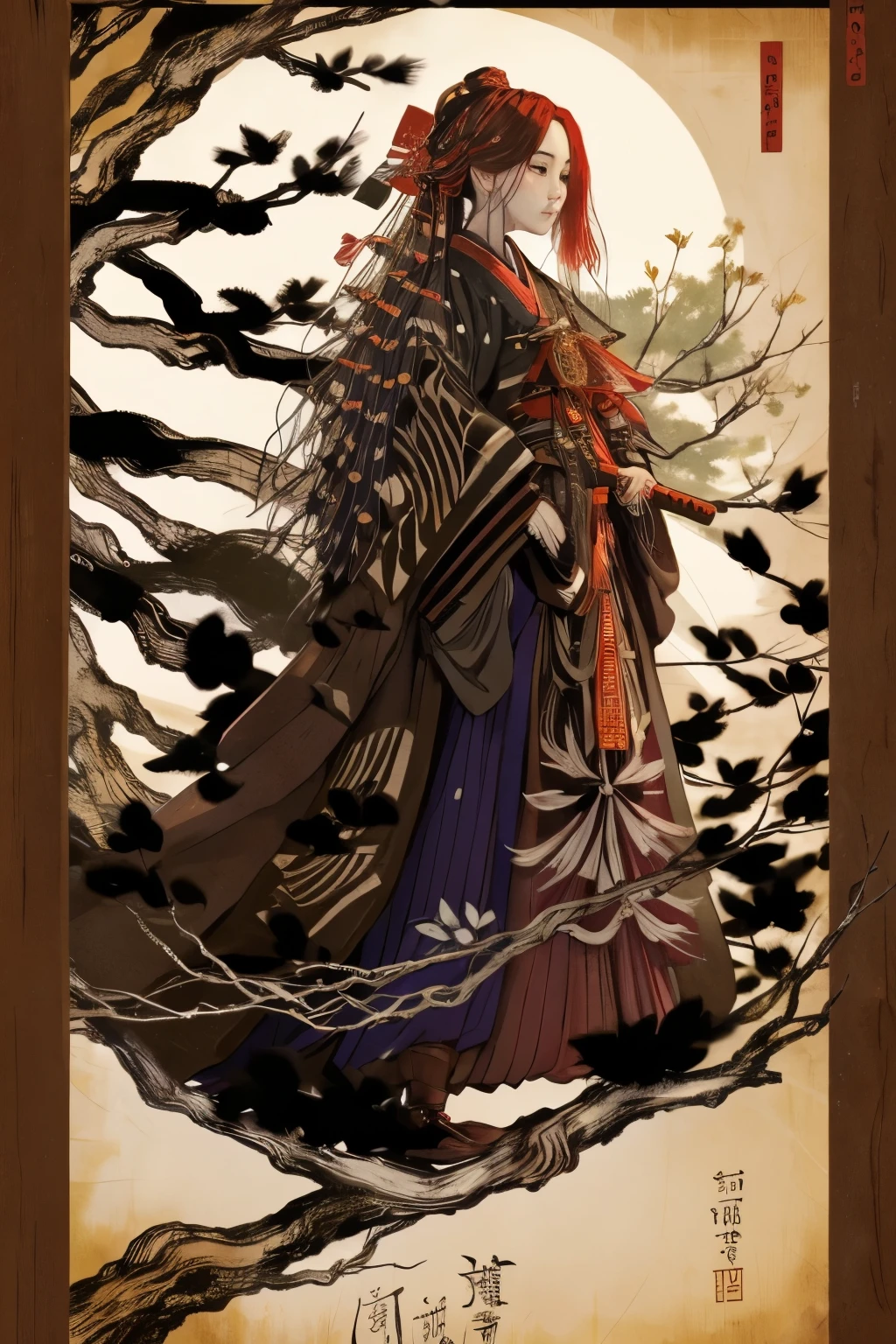 (Highest quality:1.2)。Nocturnal ghosts。One Woman。A crow disguised as a young and beautiful woman。Karasutengu。kimono。Samurai Armor。Carrying a samurai's sword on his back。Standing on the branch of a large cedar tree。Background is a bright cedar forest。