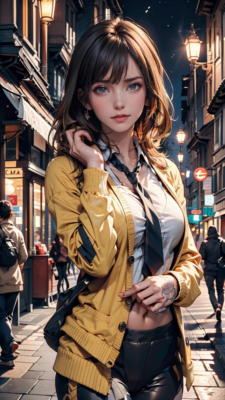 Highest quality, masterpiece, Cinema Lighting, Complex, cinematic detailed Realistic background, Detailed face, whole body, Small breasts, Realistic, Clear lines, , , One person jogging, Cityscape, night, tie shirt, View your viewers, tattoo, Model pose, Open cardigan, Ring-shaped yellow eyes, Street lights, lamp post, Yoga pants, Split Color Hair,