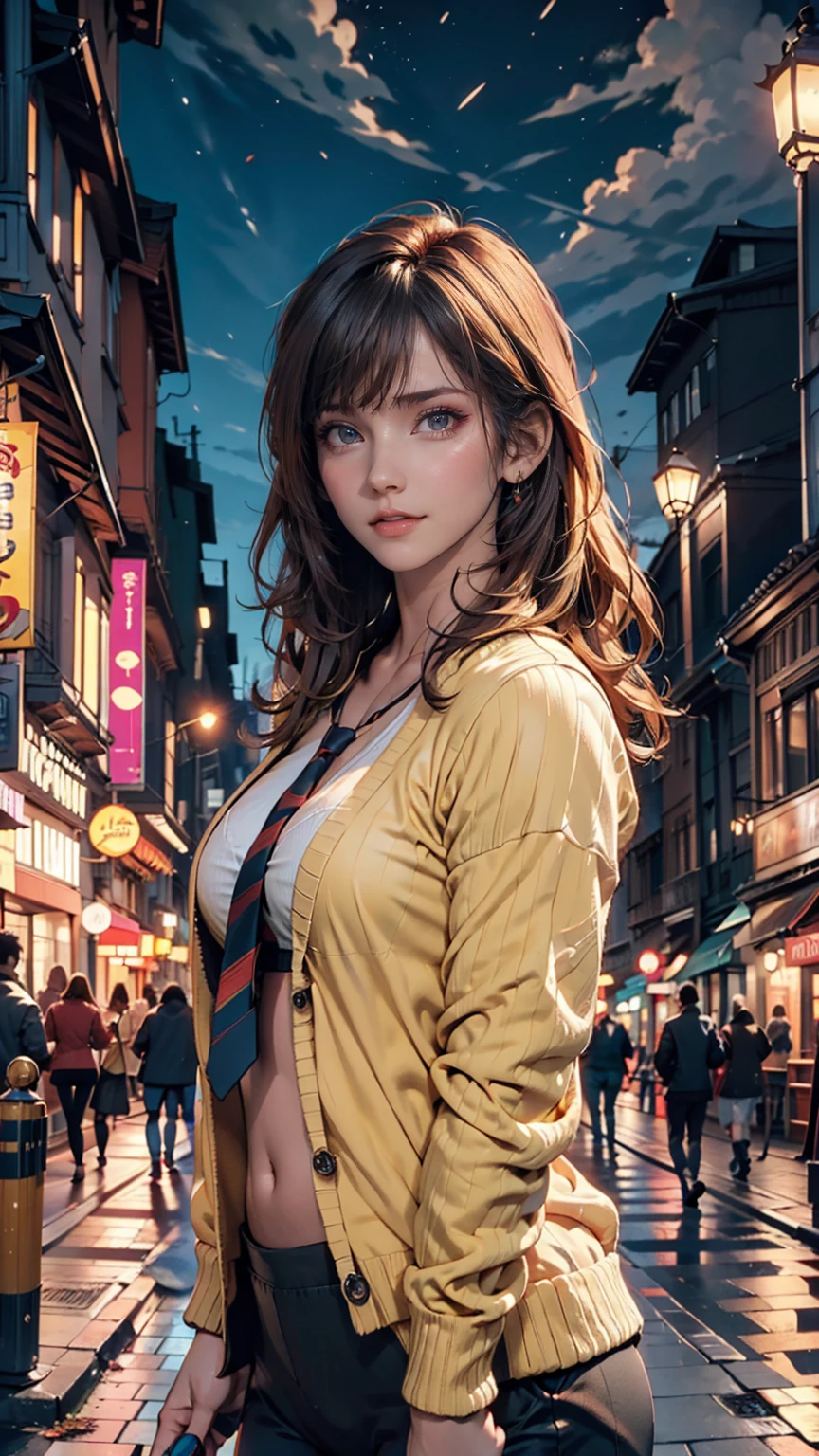 Highest quality, masterpiece, Cinema Lighting, Complex, cinematic detailed Realistic background, Detailed face, whole body, Small breasts, Realistic, Clear lines, , , One person jogging, Cityscape, night, tie shirt, View your viewers, tattoo, Model pose, Open cardigan, Ring-shaped yellow eyes, Street lights, lamp post, Yoga pants, Split Color Hair,