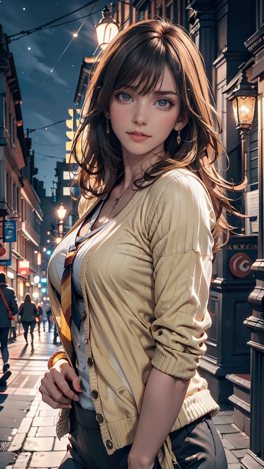 Highest quality, masterpiece, Cinema Lighting, Complex, cinematic detailed Realistic background, Detailed face, whole body, Small breasts, Realistic, Clear lines, , , One person jogging, Cityscape, night, tie shirt, View your viewers, tattoo, Model pose, Open cardigan, Ring-shaped yellow eyes, Street lights, lamp post, Yoga pants, Split Color Hair,