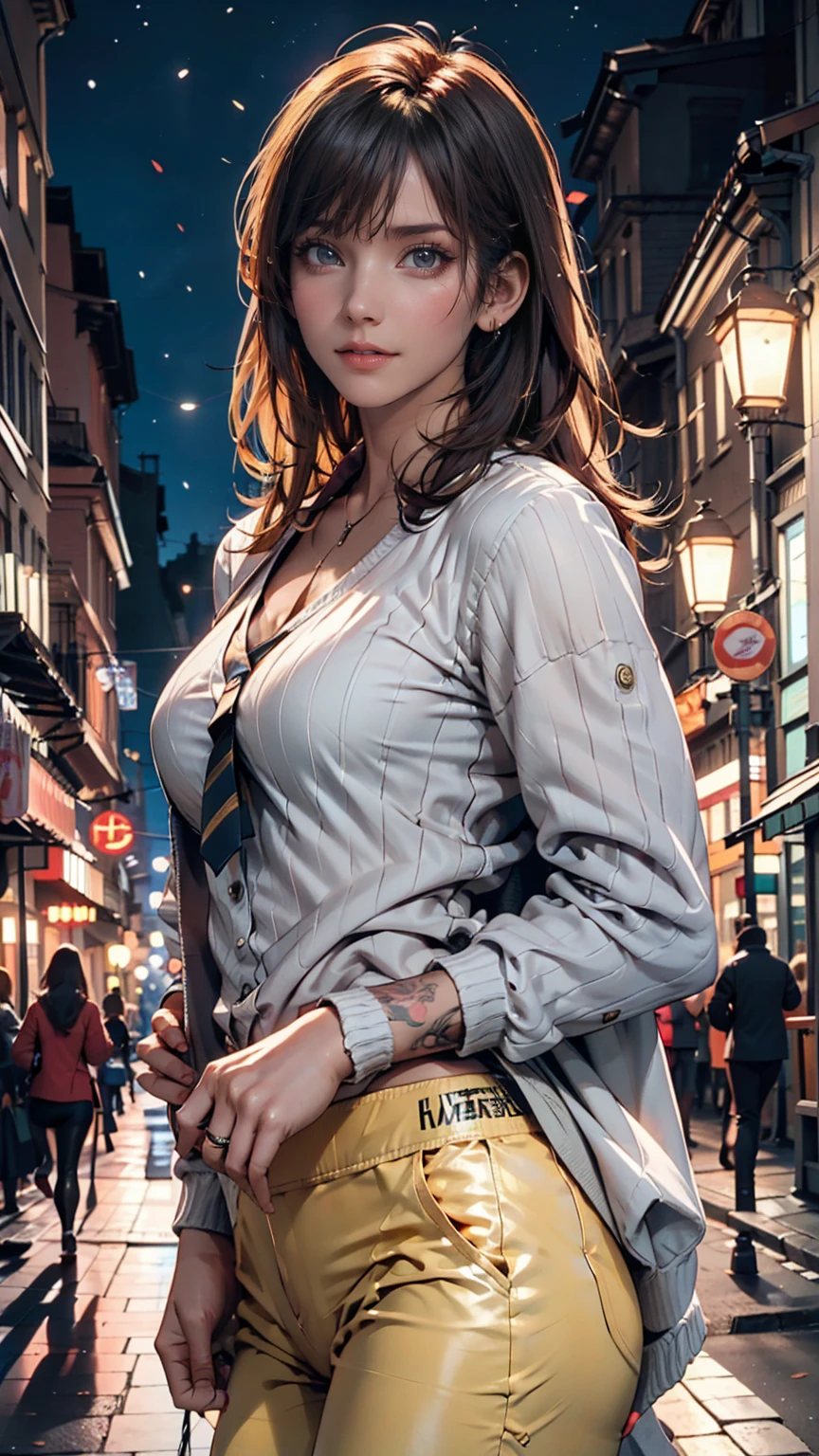 Highest quality, masterpiece, Cinema Lighting, Complex, cinematic detailed Realistic background, Detailed face, whole body, Small breasts, Realistic, Clear lines, , , One person jogging, Cityscape, night, tie shirt, View your viewers, tattoo, Model pose, Open cardigan, Ring-shaped yellow eyes, Street lights, lamp post, Yoga pants, Split Color Hair, 