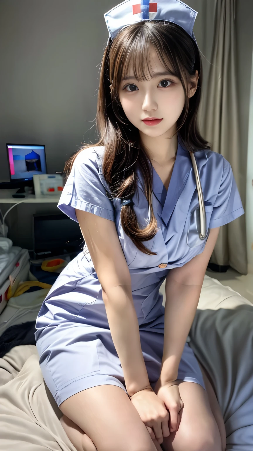 masterpiece, best quality, Super detailed, fine details, High resolution, 8K,wall paper, perfect dynamic composition,(Details High quality, realistic depiction of eyes:1.3), black hair color, Big Natural Color Lip,20 year old girl、cute type、lolita、(korean Nurse:1.4)、(hospitals:1.2)、nighttime scene、Hospital Room、a bed、is standing, (white nurse uniform:1.3)
