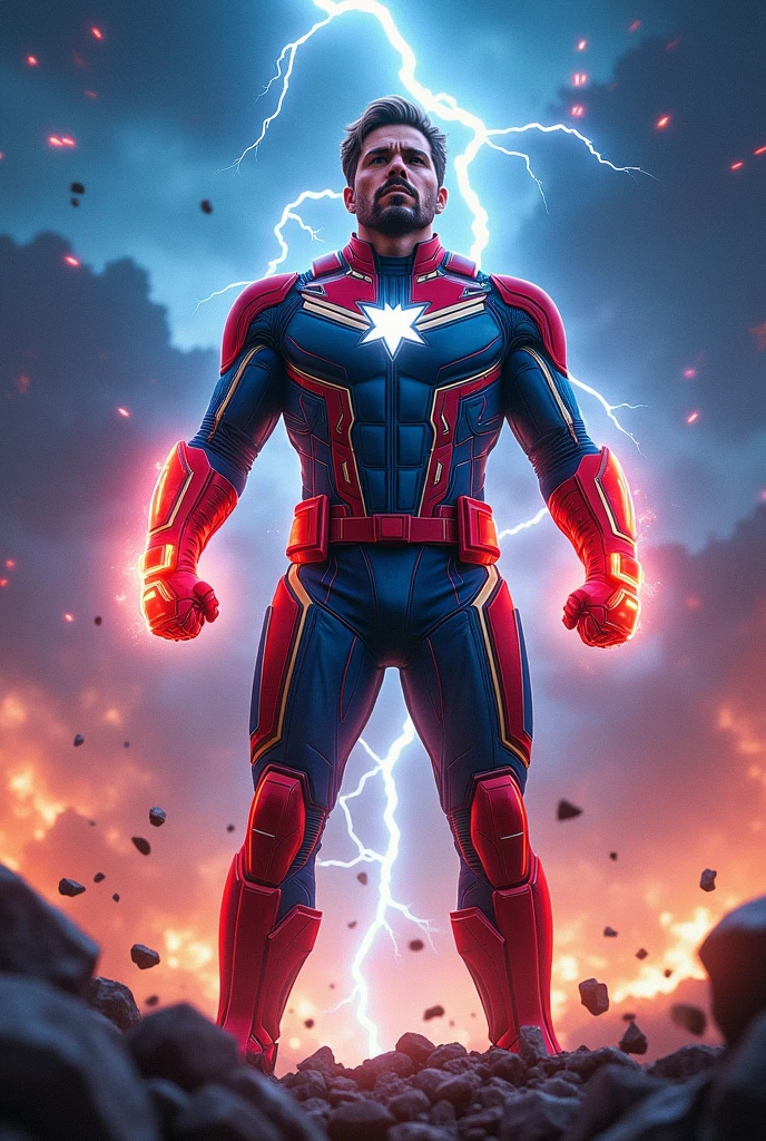 A combination of Captain Marvel, iron man and thor