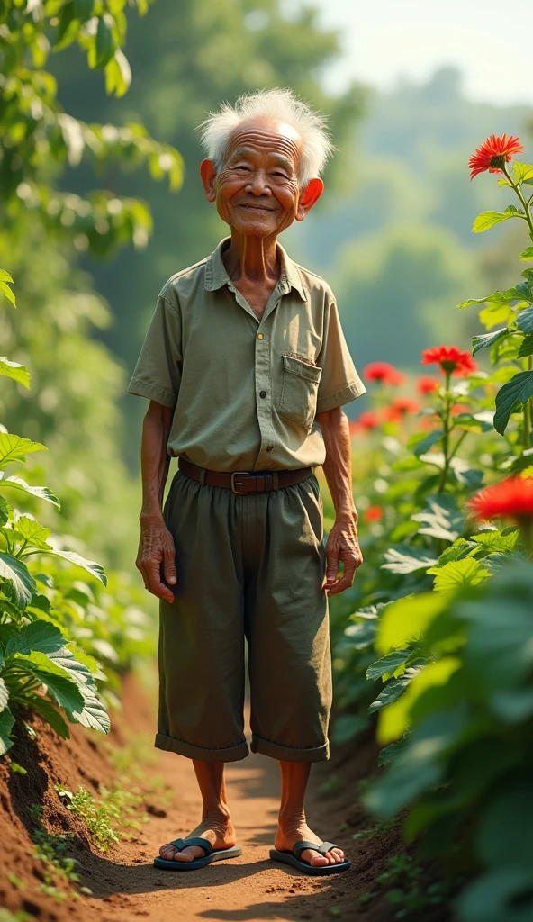 Uncle Tu is an elderly man, Lean with gray hair and tanned skin. He usually wears simple clothes like old shirts, Long pants and flip-flops. He has a gentle face, He often smiles and shows optimism through his actions. Growing vegetables in the backyard, The image of him standing in the vegetable garden. 3D image
Note: 3D image