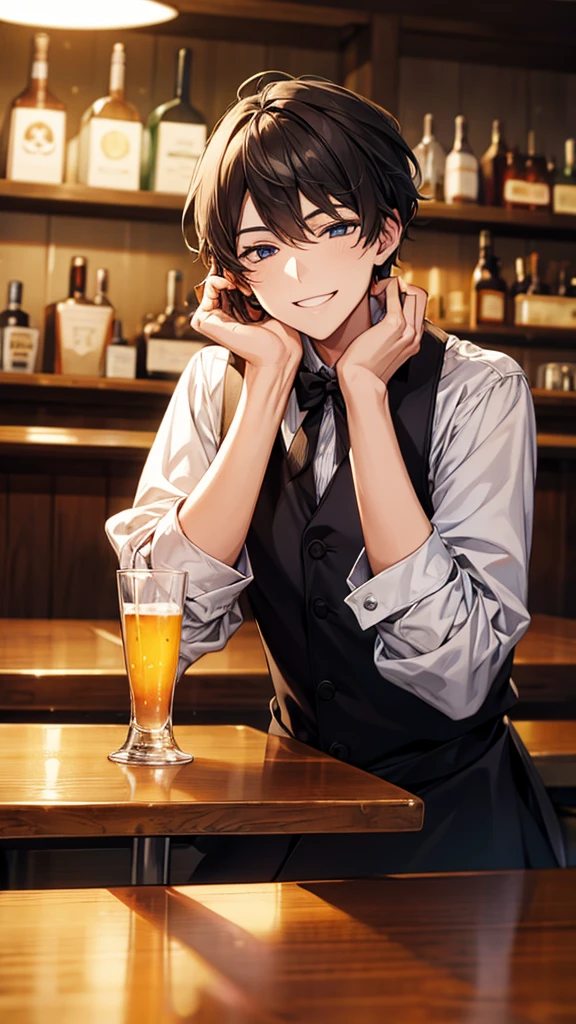 <lora:Granblue_Fantasy_PSXL:0.7>, 
1boy, yukoku roberu, hololive, heterochromia, multicolored hair, streaked hair, short hair, ahoge, bartender, vest, necktie, sleeves rolled up, toned male, holding cocktail glass, bar, wine bottle, wine glass, indoors, flare, looking at viewer, 
best quality, amazing quality, best aesthetic, absurdres,