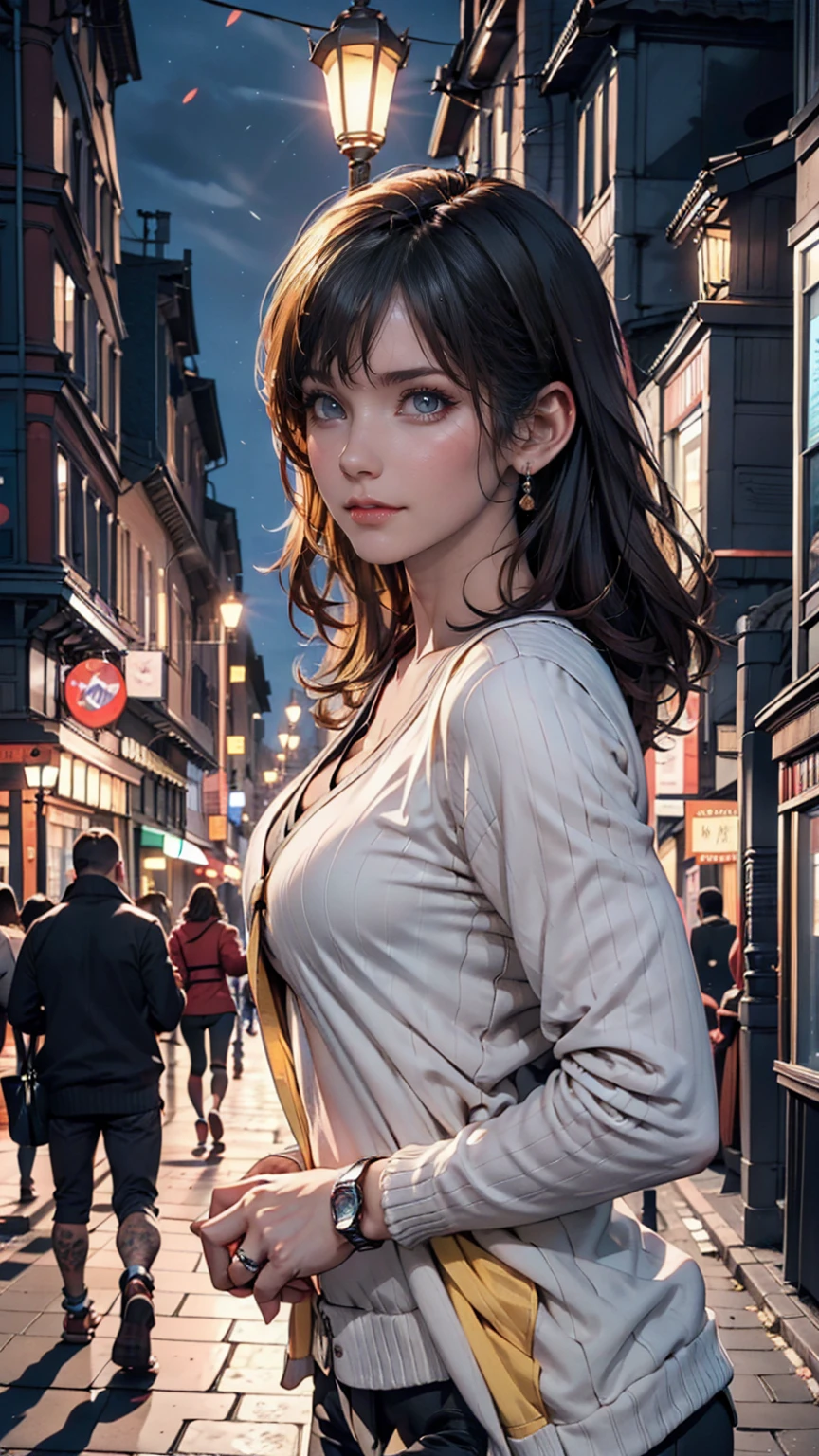 Highest quality, masterpiece, Cinema Lighting, Complex, cinematic detailed Realistic background, Detailed face, whole body, Small breasts, Realistic, Clear lines, , , One person jogging, Cityscape, night, tie shirt, View your viewers, tattoo, Model pose, Open cardigan, Ring-shaped yellow eyes, Street lights, lamp post, Yoga pants, Split Color Hair,