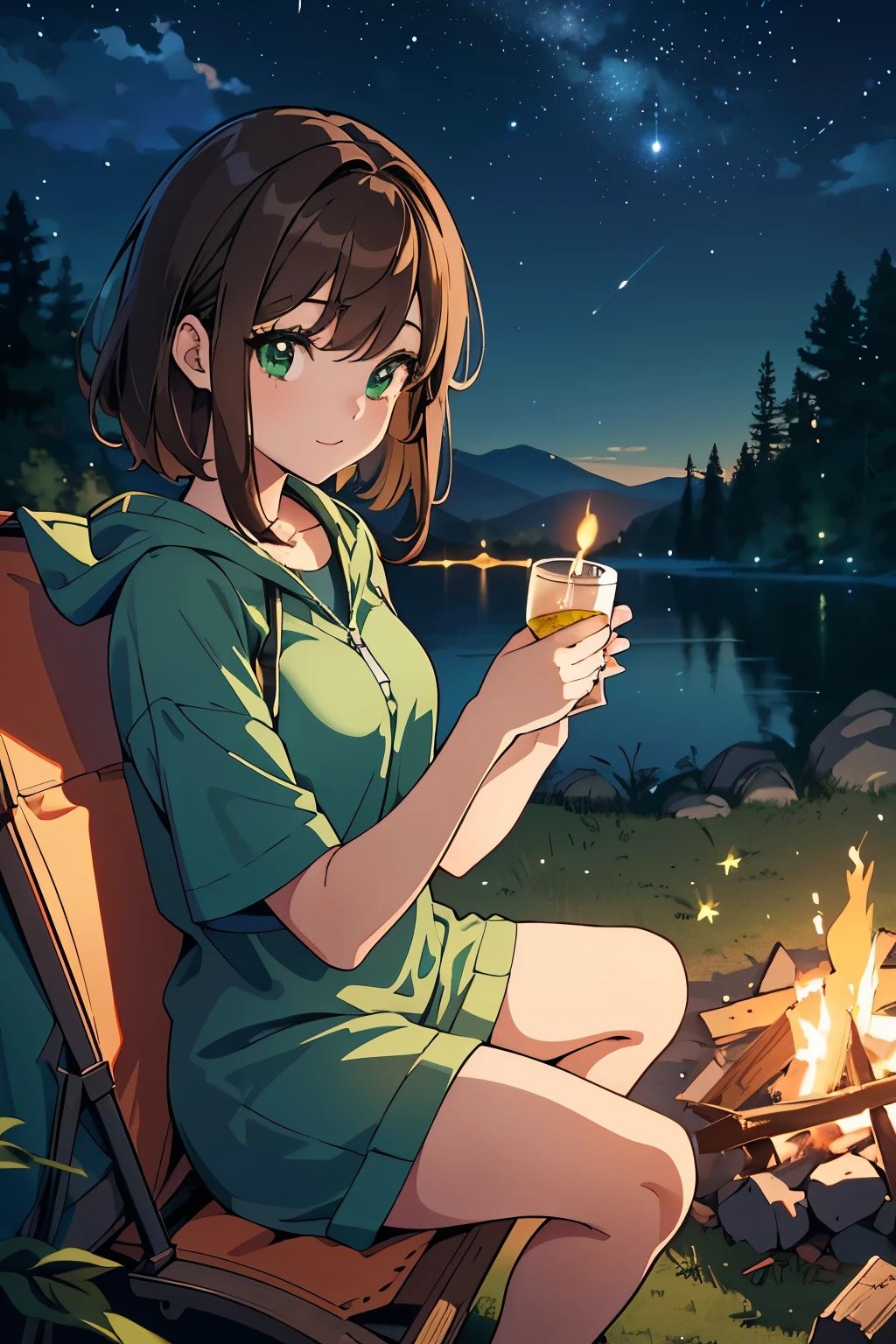 ((masterpiece, Highest quality, High resolution, 超High resolution, Pixel perfect, Written boundary depth, 4K, RTTX 10.0, High resolution))), 1 person, single, alone, Beautiful Anime, Beautiful art style, Anime characters, ((Shortcuts, bangs, Dark brown hair)), ((Green Eyes:1.4, Round eyes, Beautiful eyelashes, current eyes)), ((Smooth texture:0.75, Anime CG style)), ((Dynamic Angle, close)), Perfect body, (cute), Normal chest, whole body, ((4K, 8k, Highest quality, Perfect Fingers: 1.3, Perfect Anatomy: 1.3, Background Blur)), whole bodyアングル, An illustration of people camping, The character is sitting in front of a tent at a campsite, wearing casual outdoor clothing., She is relaxing by the campfire, Marshmallows are being roasted, Holding a warm drink, The background features a lush forest and a tranquil lake, The night sky is full of stars, Overall, spending a relaxing time in nature, A scene with a comfortable atmosphere