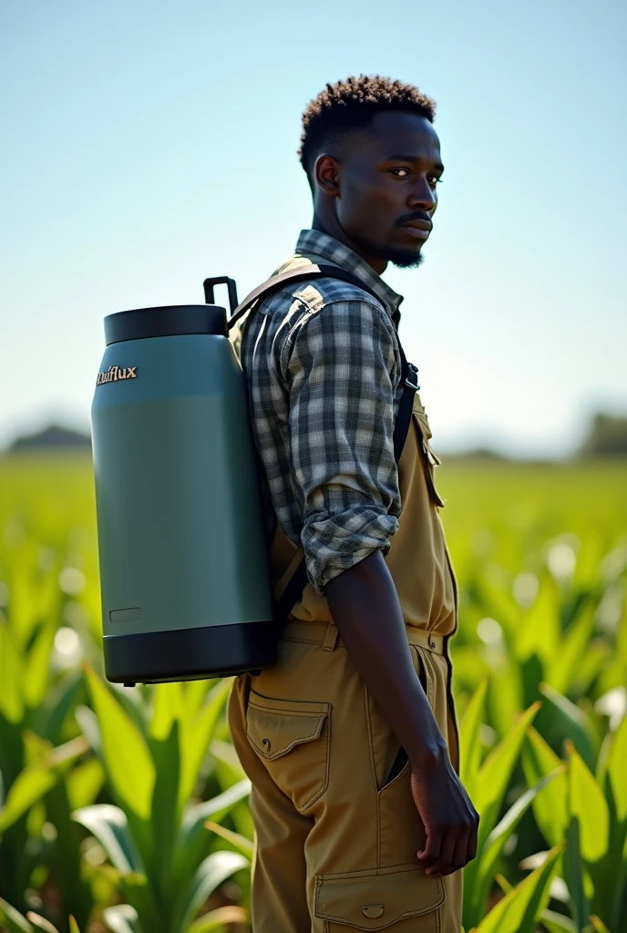 Electric spray pump, powered by the rhiflux electro cube, on the back of a black African famer, with the name Rhiflux on the pump,with smart technology