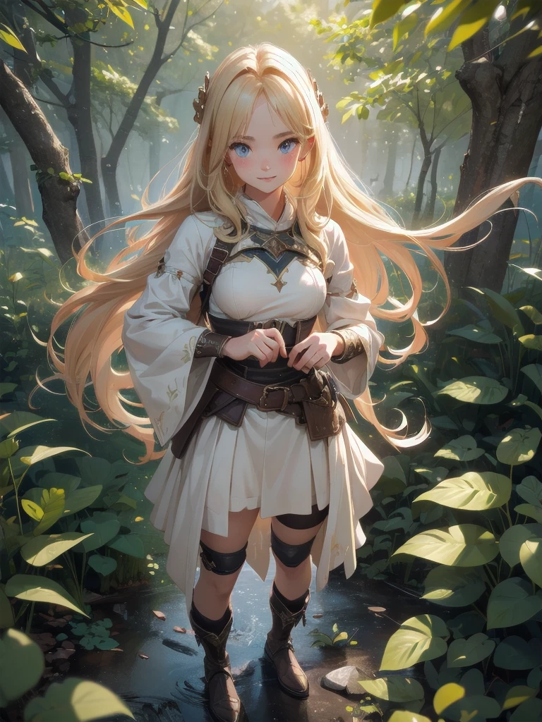 nsfw:1.1,high resolution:1.7, incredibly absurdres, kawaii:1, cute:1.5, hires.fix, anime visual:1, incredibly fine illustration,8k,masterpiece:1.2,best quality, high quality, exquisite, beautiful,insanely detailed,intricate detailed, extremely detailed, Super Definition, ultra high res, Super Resolution, best aesthetic, ultra detailed:1.5, best quality, perfect face, detailed face,stunning art,absurdres,octane render,ultra hires,cute,Beautiful,(Cute and lovely),cute girl,((extremely cute and beautiful blond hair)),serious,smile,A daughter becomes an adventurer and battles monsters for the first time.prepare a sword,Deep in the forest, the girl readies herself with both hands on her longsword. gold thighlet,boots,Spirits fly around her like stars, giving the girl power.full body