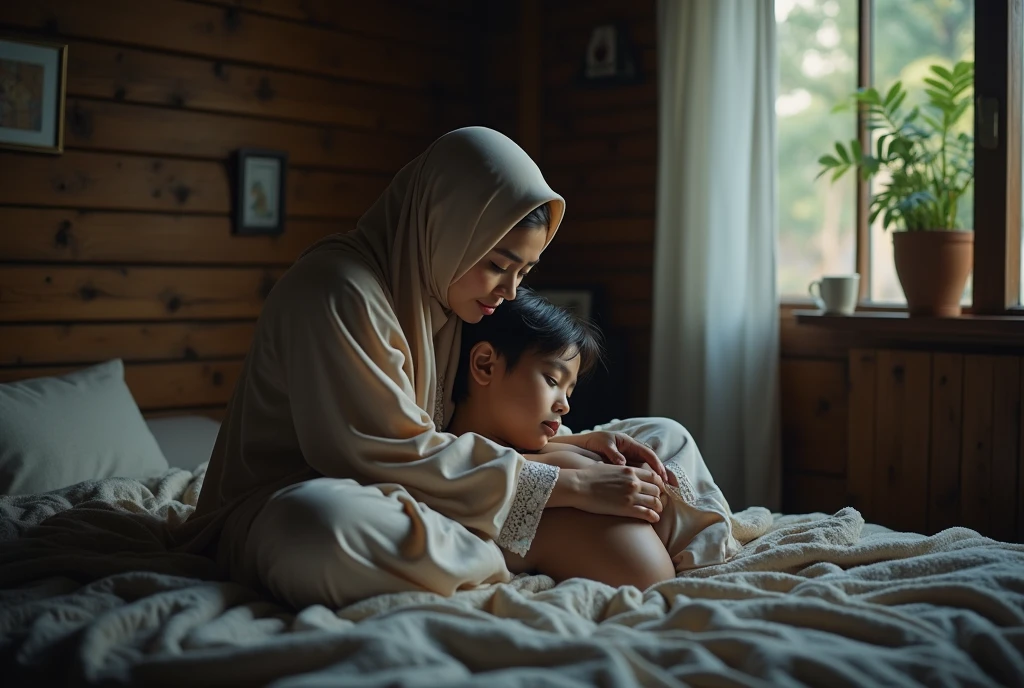 a beautiful Indonesian woman wearing a hijab, slim, 32 years old wearing a robe with buttons open, bra visible, is hugging a 14 year old teenage boy on the bed, the woman is sitting on the boy's stomach, in a room with wooden plank walls, at night