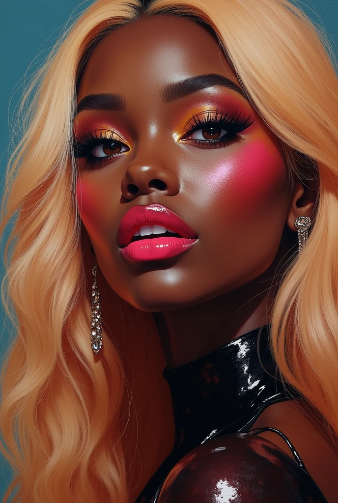 full body portrait fantasy oil painting, one ebony woman with long natural blonde hair, glowing lipstick, big lips pouty meaty full lips, two-tone lipstick, red lipstick paints her upper lip, pink lipstick paints her lower lip, shiny irises, dripping oil wet skin, rubenesque body, odalisk outfit, calming face features, colored eyelashes like her hair