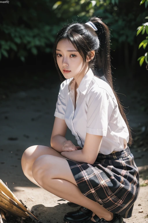(A 20-year-old Japanese slender beautiful girl), (Small breasts:1.5,)solo, (masterpiece, High resolution, High detail, Highest quality, Very detailed, Ultra high definition, Textured skin,Reality), ((Ray Tracing,Portrait Photography)), Cinematic light effects, ((realism)), ((Surrealism)),8k octane, ((Natural Makeup)),Aperture value F1.8, (((Black Hair, Shiny Hair, ponytail,cap))),((Camp Girls,Bonfire,Crouching,Culottes skirt,Checked shirt))