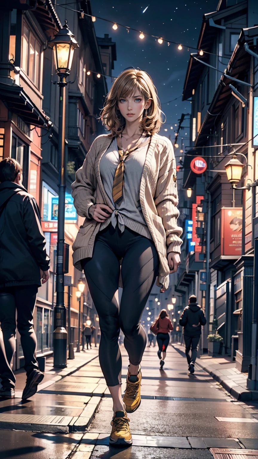 Highest quality, masterpiece, Cinema Lighting, Complex, cinematic detailed Realistic background, Detailed face, whole body, Small breasts, Realistic, Clear lines, , , One person jogging, Cityscape, night, tie shirt, View your viewers, tattoo, Model pose, Open cardigan, Ring-shaped yellow eyes, Street lights, lamp post, Yoga pants, Split Color Hair, 