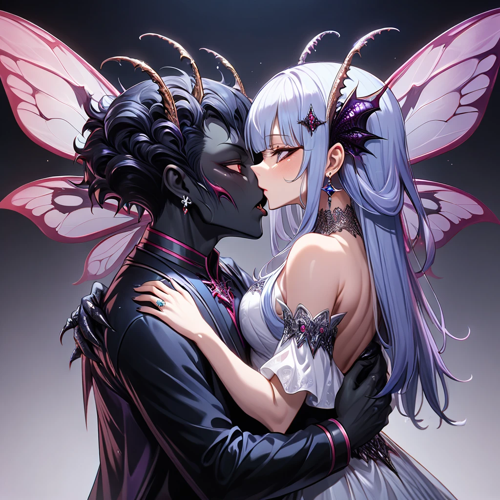 The woman is a fly demon of monstrous appearance with jet-black skin, the Queen of Flies and wife of Beelzebub, the Fly King. The couple are embracing and kissing.、((Highest quality)), ((masterpiece)), (detailed), （Perfect Face）、The fly demon queen, Reika Aoki, a subordinate of the fly demon king, Beelzebub, has midnight blue, semi-long hair. She has transformed into an aberrant demon, with fly antennae sprouting from her head, making her a fly demoness.  She wears a black demonic outfit like a fly, adorned with luxurious earrings and an engagement ring, and is decked out in lavish accessories. She is the fly demon queen, and her female body has completely transformed into a fly demon, mirroring the king's form.、The woman became Beelzebub's wife, becoming the fly queen and spending her life with the fly king.、The woman deeply loves her husband, Beelzebub, the great fly demon king.