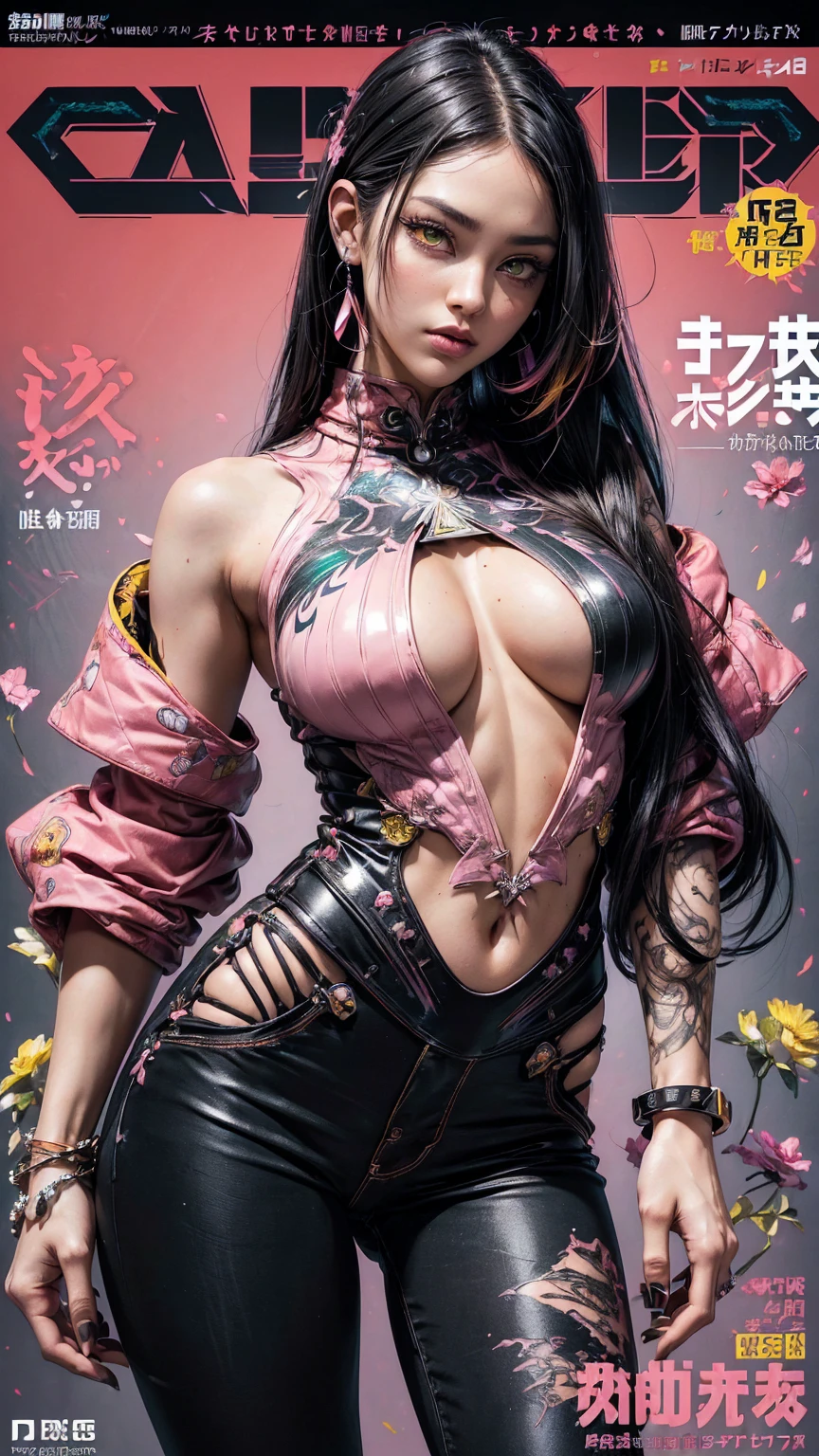 ((((spectacular))) ((heroic)) (((intense))),background, mixed-language_text, Japanese graffit lyrics ,girls, excellent lighting, sidelighting, (), vhsKeeper,, style GUILTY GEAR -STRIVE perfect ultimate (flat color: 1.3), (magazine_cover: 1.4), (multicolored_background: 1.3), striped_background, card_background, circular pieces of white metals glued to the arms coming out shimmering yellow glow,beautiful woman with ultra detailed long black hair, (beautiful and clear background:  1.2), fantastic paintings, graffit style flowers, highly detailed eyes, a t-shirt or dress with a white blouse underneath, background, mixed language_text, Japanese letters in graphite, ashley alexiss beautiful woman, long black hair, excellent lighting, side lighting, perfect ultimate (flat color pink bubblegum gradient: 1.3), (magazine_cover: 1.4), (multicolored_background: 1.3), striped_background, card_background,  :: Discs with sharp and shiny blades in the hand :: circular pieces of white metals glued to the ultra detailed arms coming out sparkling shine, black star design stamped in the middle of the T-shirt, perfect and detailed sculptural body, ultra detailed shirt with abstract design and with Japanese letter print in graphite of the sides of the clothing, used jeans, large chest,  with immersive effects, hover effect, graffiti style flowers background with flowers and vibrant colors, "ultra" hdr detailed and with focus effect, (masterpiece: 1.2, best quality), (beautiful emerald yellow eyes with finely detailed huge eyelashes: 1.2), , ((Solo)), (finely detailed eyes and detailed face: 1.3), beautiful ultra-detailed eyes, linear light smile, graphite and tattoo style background, skintight bodysuit with detailed tattoo style print,  ultra-detailed red gradient leather jacket, warm thighs, black skintight pants with ultra-detailed white and pink details, large breasts, ultra-detailed bracelets on the arms, , bracelet on the right arm wi