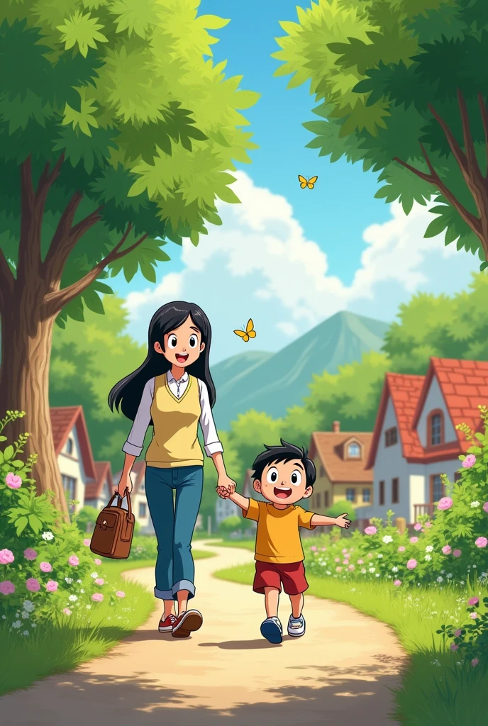 create a picture about nobita is going to his grandmother's house with his mom