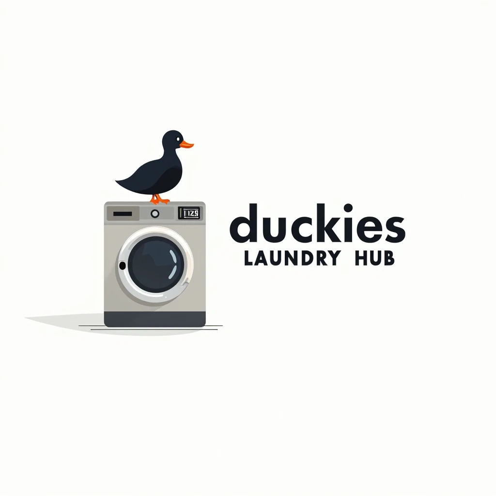 simple logo with black duck sitting at the washing machine, put caption at the right of the picture with "Duckies Laundry Hub"