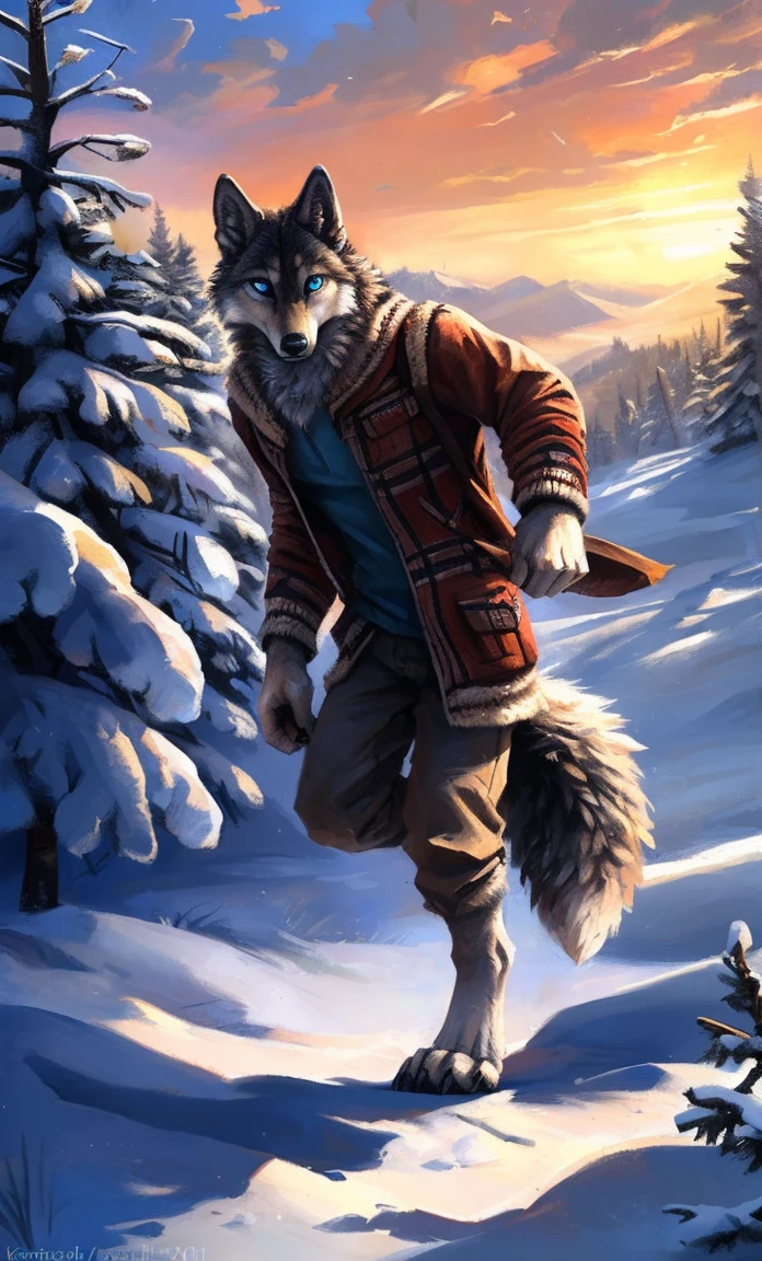 ((Solo)), male people, anthro wolf, (Multi-colored fur, White-brown:1.3,White tail pointed), (Height 2.1m,Tail length 1.2m), ((Wolf face, Big eyes, White eyelids, Blue pupil, Slim:1.2) (Tough, Calm expression:1.2)), Slim, pinging)), (Correct anatomy), (Winter clothing:1.1), The upper body naked, (detailed outfits),A long big tail,Feet,(Realistic fur, Detailed fur texture, labeled:1.3)), (Natural lighting), Photorealistic, Hyperrealistic, ultradetailed, by Kenket,Snowfield,erect through,Running on