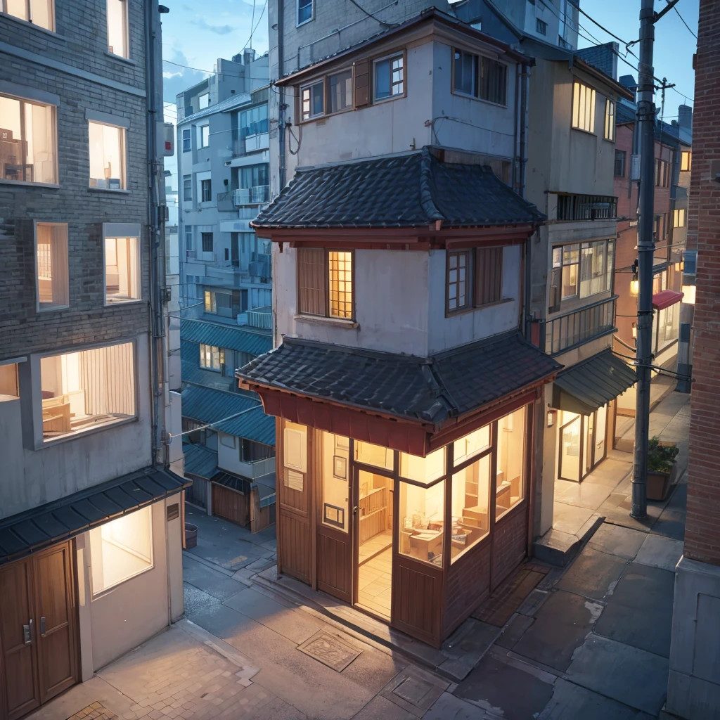 Corners of buildings in the city, evening