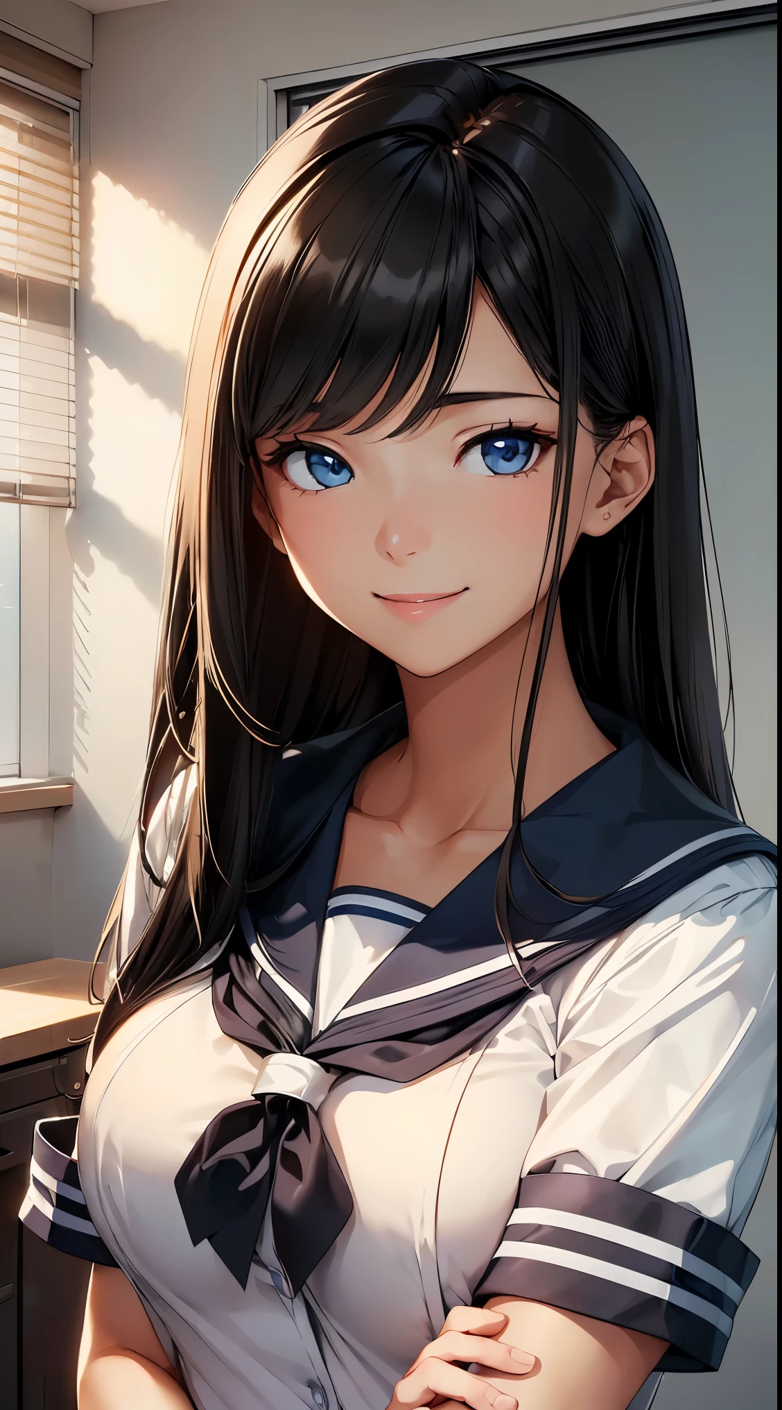 masterpiece, Highest quality, 非常にdetailedな CG Unity 8K 壁紙, Ultra-realistic 8k CG, Perfect artwork, The perfect woman, Dramatic Shadows, (Spotlight, Perfect lighting, detailedな光, (((One Girl))), ((Sharp Face)), ((Black Hair, Straight Hair)), Model body type, Big ample breasts, ((Cute Face)), (Smiling shyly: 1.2), (Visible through the sailor uniform、Light blue bra), beautiful顔, (beautiful胸のライン:1.2), beautiful, Exquisite features depicting a perfect face, Natural beauty, sweating, Slender, 軽やかでbeautiful太ももの表現, high school girl, High School Uniform、detailed, Realistic Light and Shadow, 8k resolution, Professional Lighting, (Glowing Skin:0.9), Perfect hands,