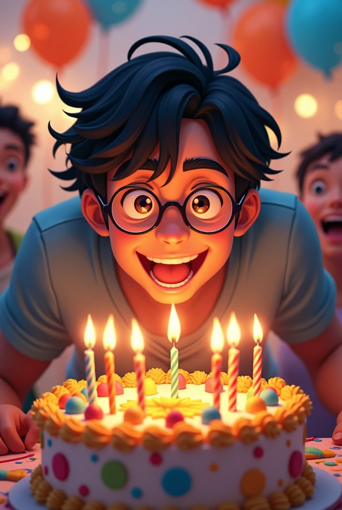 Can u generate an adult man with glasses  and glasses anime version blowing out candles on a birthday cake