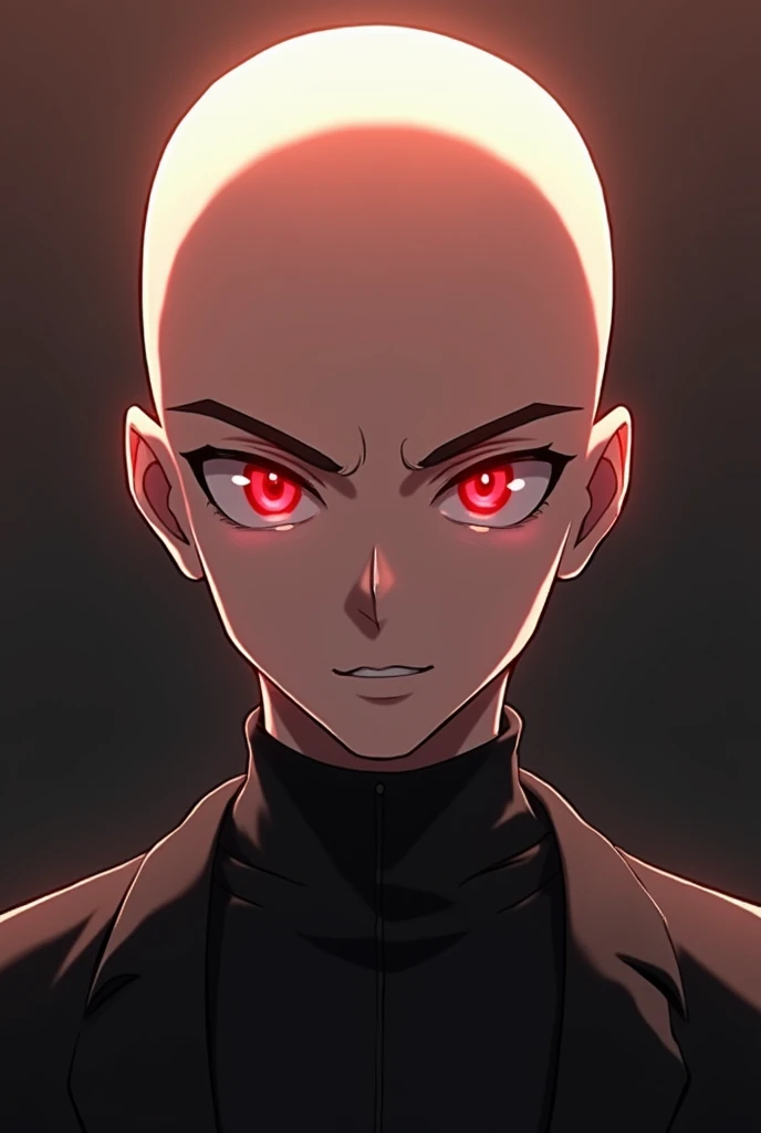 A man with red eyes and no hair on his head. A detailed anime-style portrait of a young character standing with no hair on his head. His face is clear. He is looking straight ahead. The plane in the background is one color