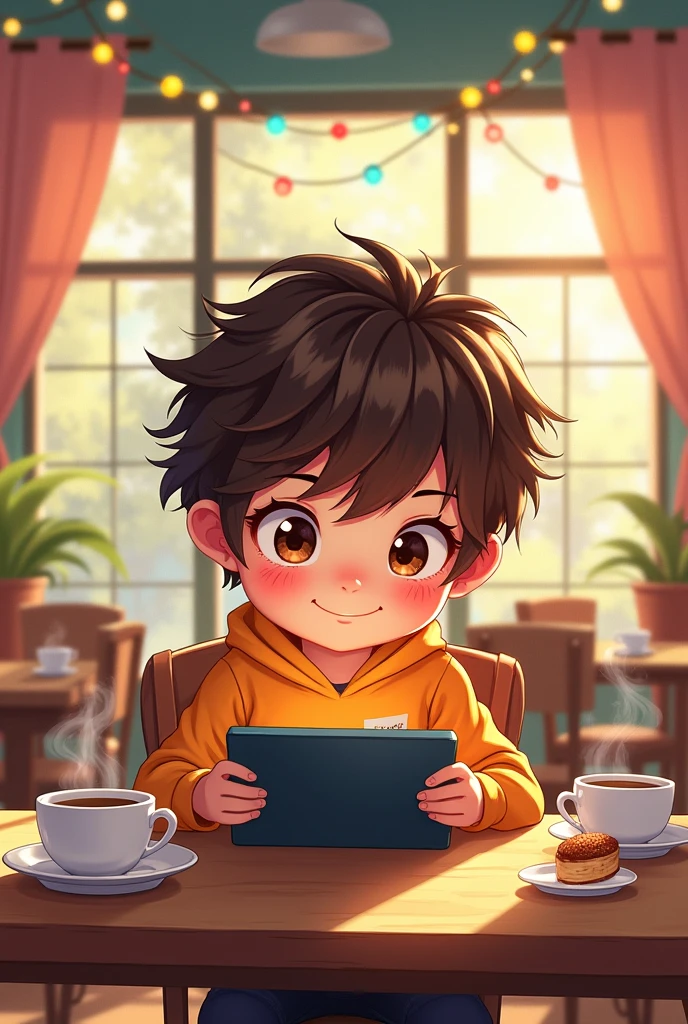 A chibi cartoon of a teenager reading on a tablet at a cafe
