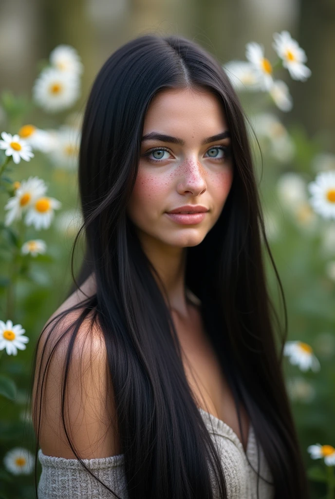 A white woman with straight, long black hair, with freckles on his face , blue colored eyes , with a spherical nose, relist