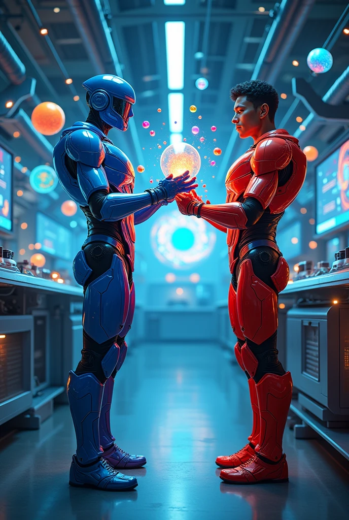 {
  "size": "1024x1024",
  "prompt": "In a futuristic laboratory setting, Neutron and Proton, both dressed in bright, advanced armor, are standing together. Neutron, with a calm expression, makes a balancing gesture with his hands as protons and
