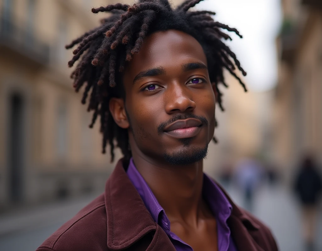 headshot of a very tall French-Nubian featured male, relaxed waves parted to the side hair, toned body, ebony skin, vibrant purple eyes, tall thin toned body. Kind expression. Wearing brown and purple clothes.