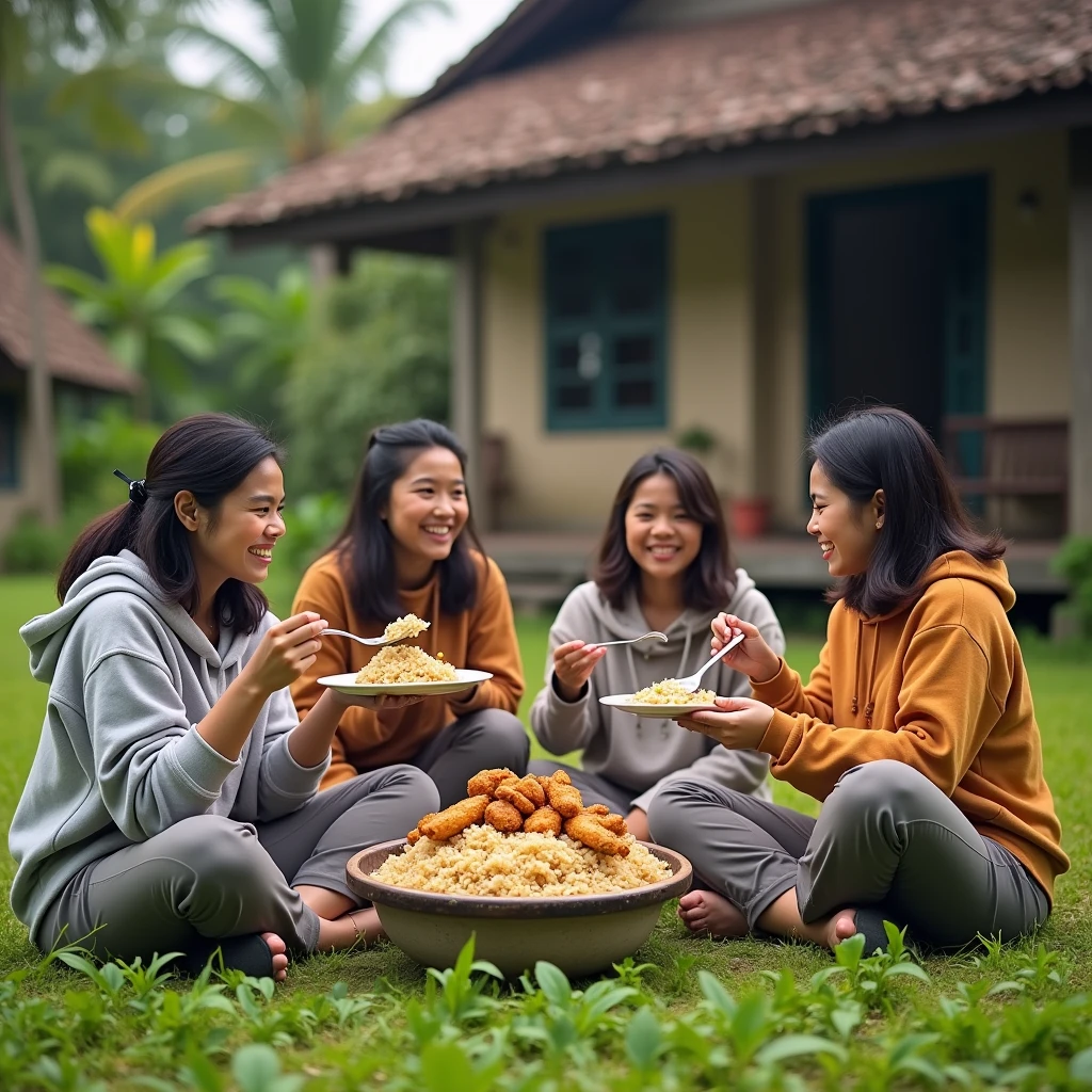 4 beautiful Indonesian women with slightly chubby hair, pakai hoodie dan celana panjang, Sitting cross-legged behind the village house while eating a plate of rice with fried chicken, The right hand holds a large spoon, location in rural area