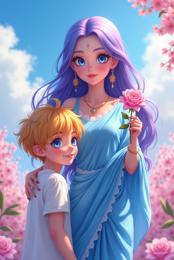 A beautiful girl, with pirpal hair, with white eyes, with skyblue sari, parfoce with a rose,A handsome boy, with yellow hair, beautiful smile, with sky blue eyes,anime