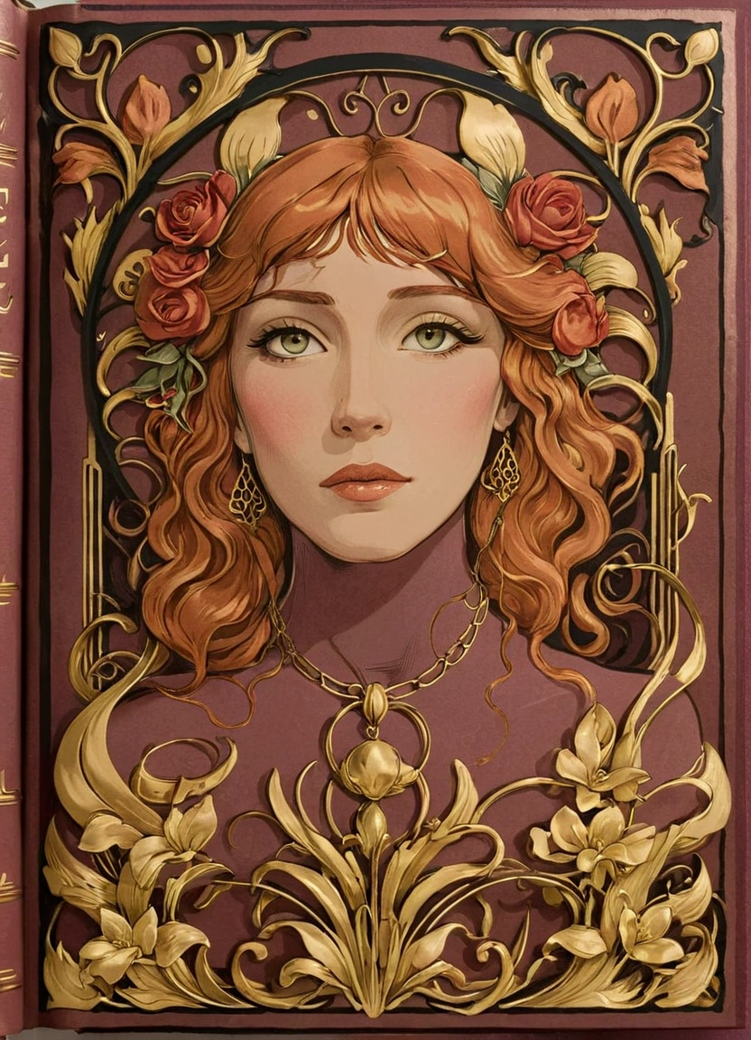 a close up of a book with gold foil on it, romance book cover style, romance book cover, inspired by book cover, art nouveau aesthetic, inspired vintage