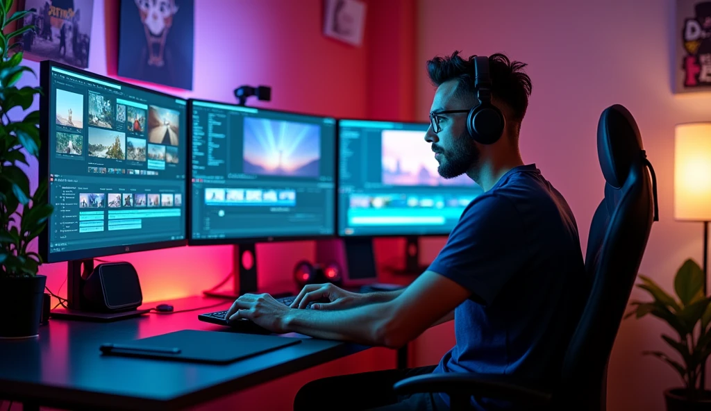 Create an image of a person who looks like a professional video editor. The person should have a focused and creative expression. They should be sitting at a desk surrounded by multiple monitors displaying editing software with colorful timelines and video clips. The workspace should include editing tools like a keyboard, mouse, and perhaps a graphics tablet. The person should be dressed casually, wearing headphones, and have a hint of concentration or inspiration in their demeanor. The background could show some motivational posters or digital art related to video editing