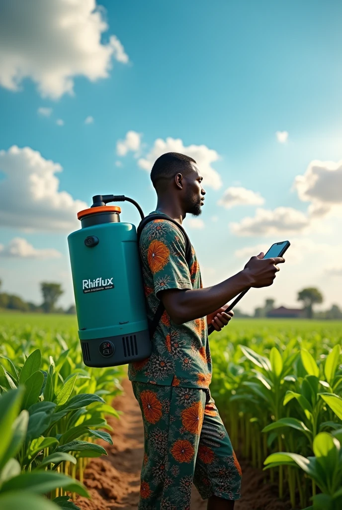Electric spray pump, with spray handle, powered by the rhiflux electro cube, on the back of a black African famer, with the name Rhiflux on the pump,with smart technology