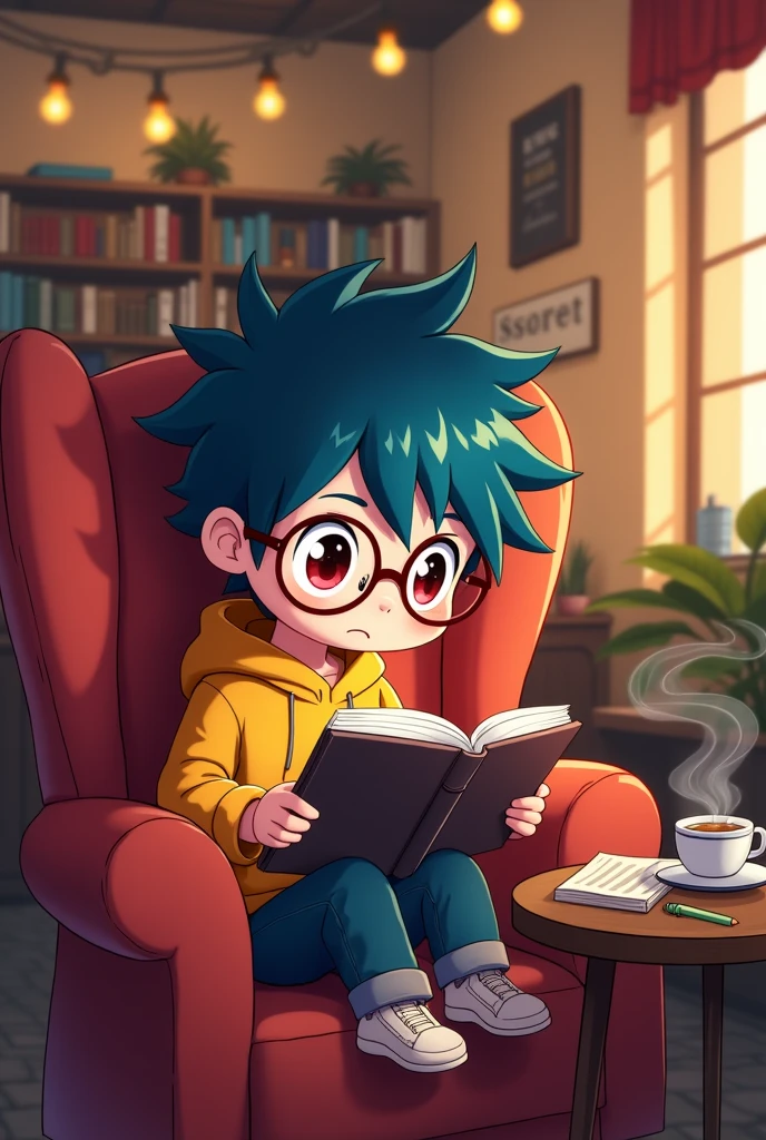 A chibi cartoon of a teenager reading on a tablet at a cafe
