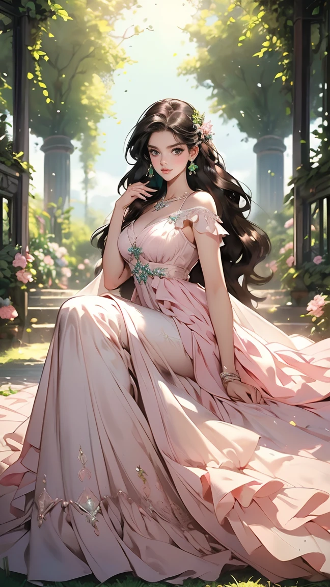 (masterpiece, best quality, high resolution, very detailed),(Beautiful and aesthetically pleasing.:1.2), (1 woman), adult, perfect body, wavy black hair, ((green eyes)), Detailed eyes and face, (saturated_body), Festival Beautiful Spring Light Airy Dress,  (pastel pink and blue dress), delicate spring dress, high heel, Soft and feminine image, deer, various colors, 